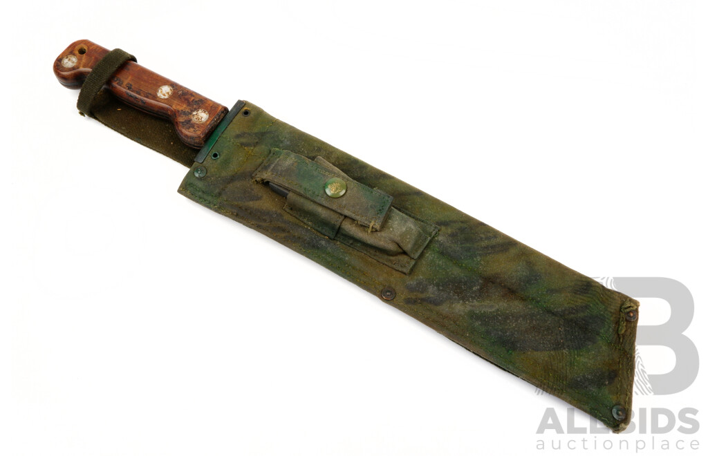 Vintage Australian Army Golok Machete in Later Sheath and Oil Stone Along with Webbing Bum Bag & Compass Pouch, All Carried in the Battle of Long Tan 1966 Vietnam by Vendor Ross Smith OAM 6RAR