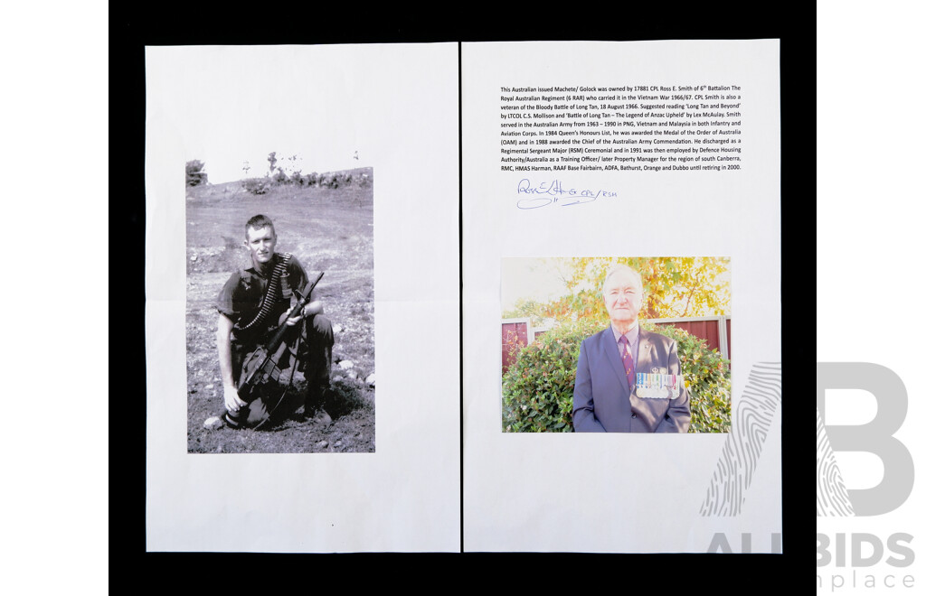 Vintage Australian Army Golok Machete in Later Sheath and Oil Stone Along with Webbing Bum Bag & Compass Pouch, All Carried in the Battle of Long Tan 1966 Vietnam by Vendor Ross Smith OAM 6RAR