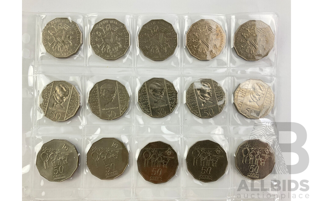 Australian Commemorative Fifty Cent Coins Including 2002 Year of the Outback, 2005 Commonwealth Games, 1982 Commonwealth Games, 1977 Jubilee, 1995 Weary Dunlop, 1994 Australia Day