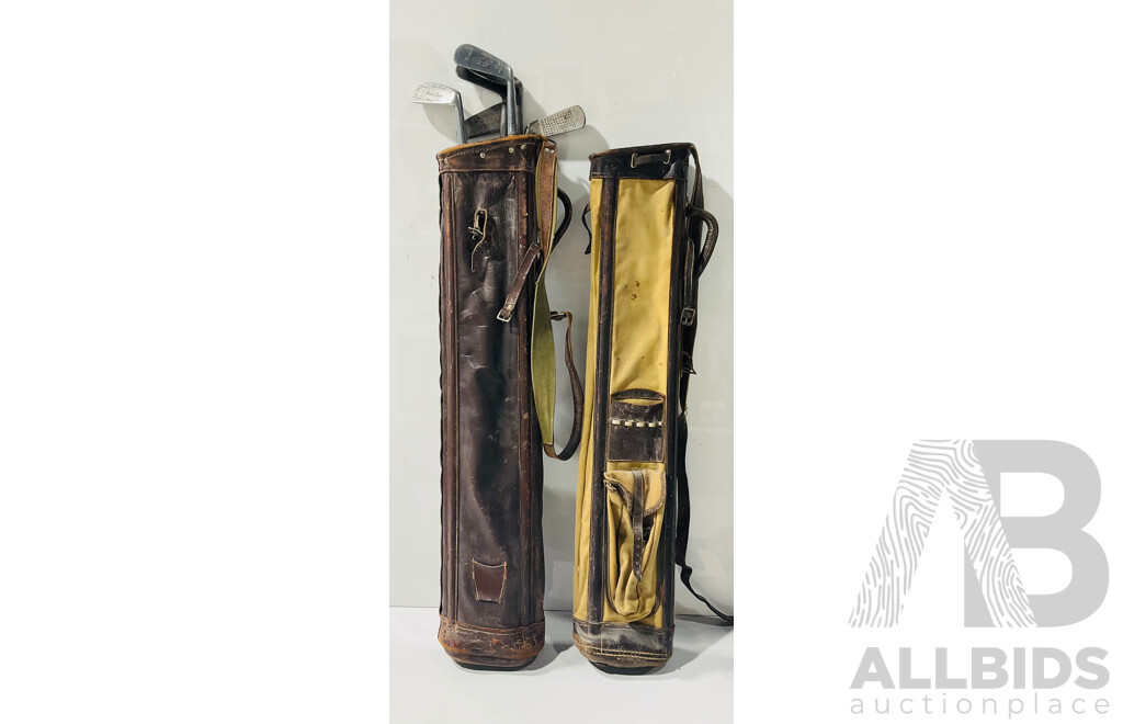 Pair of Vintage Golf Bags, One Leather with Collection of Vintage Golf Clubs