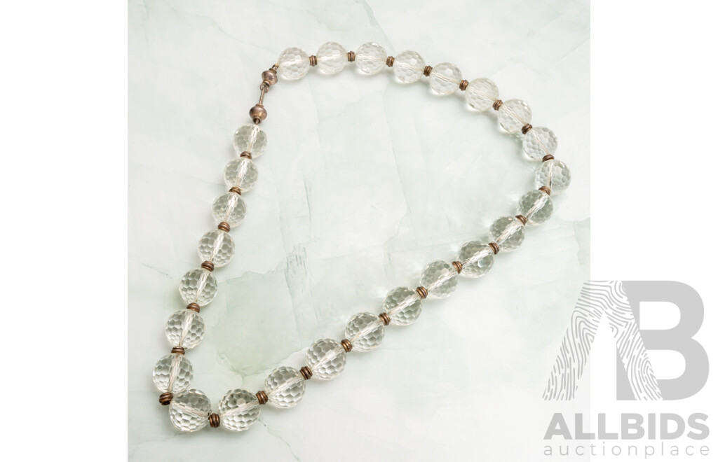 Vintage Art Deco Clear Glass Faceted Beads with Silver Spacer Beads and Hook Clasp, 50cm