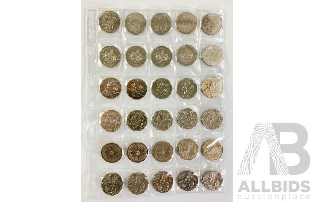 Australian Commemorative Fifty Cent Coins Including 1977 Jubilee, 1982 Commonwealth Games, 1995 Weary Dunlop, 2000 Royal Visit, 1998 Bass/Flinders.......