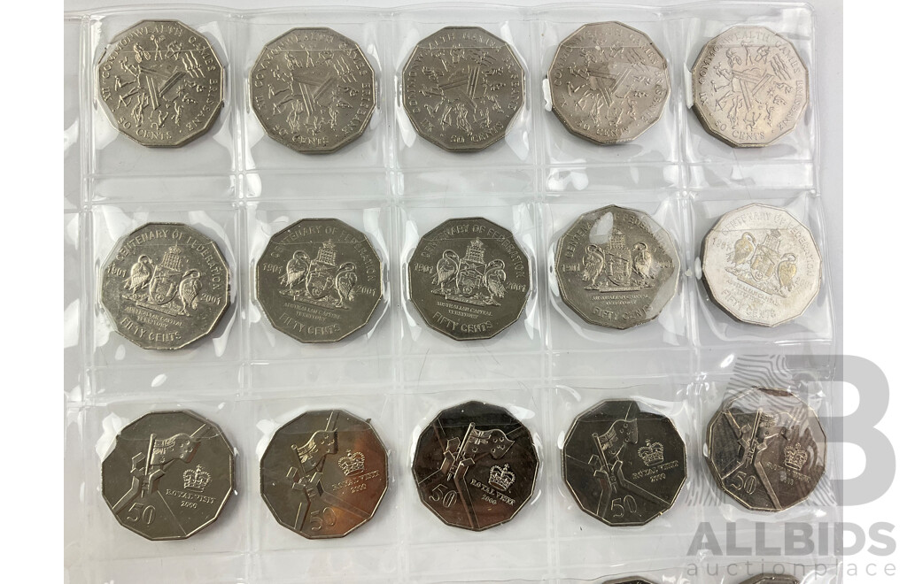 Australian Commemorative Fifty Cent Coins Including 1977 Jubilee, 1982 Commonwealth Games, 1995 Weary Dunlop, 2000 Royal Visit, 1998 Bass/Flinders.......