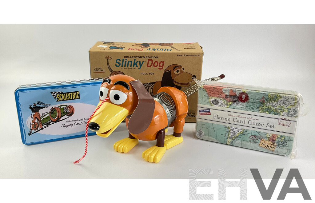 James Industries Slinky Dog with Scalextric and Air Mail Par Avion Playing Cards