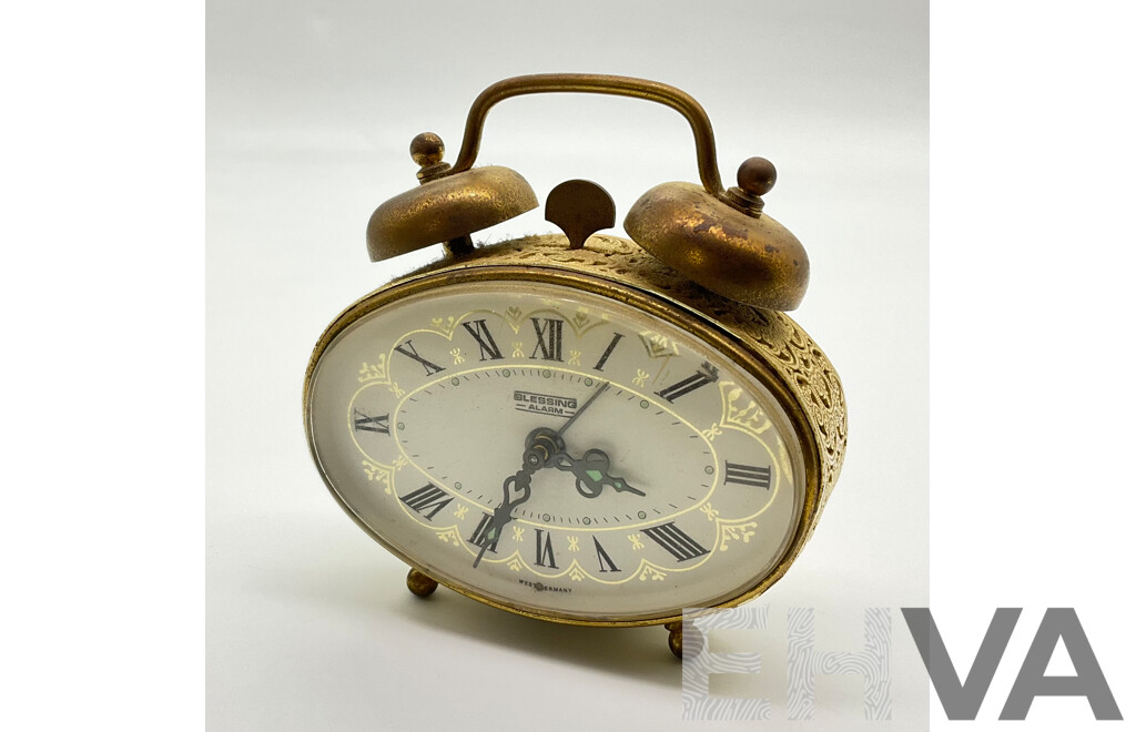 Vintage Brass Blessing Alarm Clock, Oval Form with Filigree Body, Made in West Germany