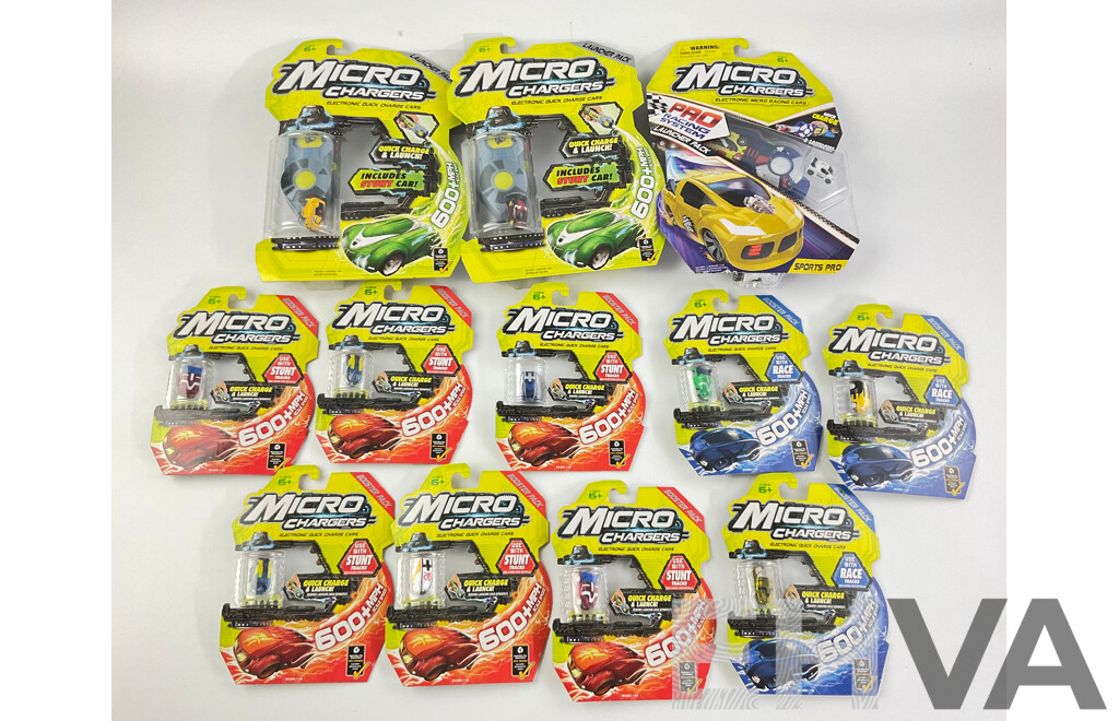 Twelve Boxed Micro Chargers Electronic Quick Charge Cars, Including Three Launcher Packs