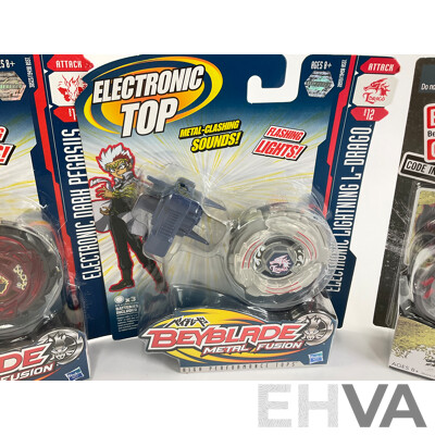 Boxed Hasbro Beyblade Metal Fusion Electronic Dark Pegasus, Electronic Lightning L Drago and Rampage Stomper Bull