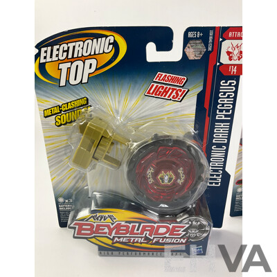 Boxed Hasbro Beyblade Metal Fusion Electronic Dark Pegasus, Electronic Lightning L Drago and Rampage Stomper Bull