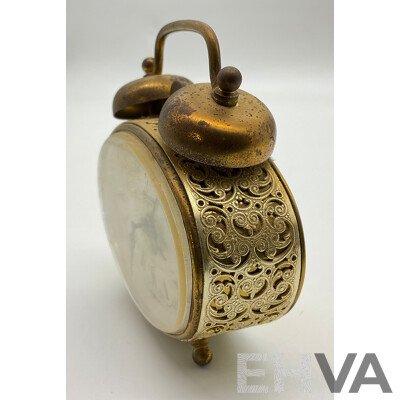 Vintage Brass Blessing Alarm Clock, Oval Form with Filigree Body, Made in West Germany