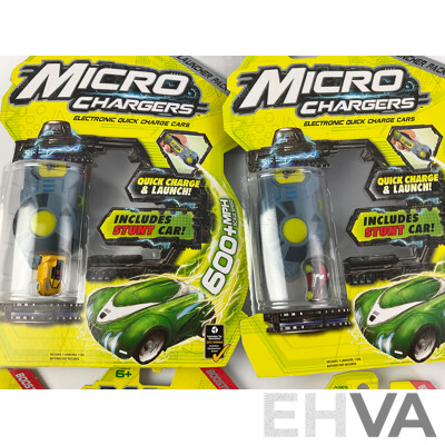 Twelve Boxed Micro Chargers Electronic Quick Charge Cars, Including Three Launcher Packs