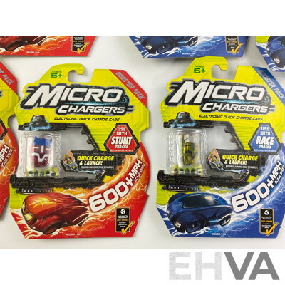 Twelve Boxed Micro Chargers Electronic Quick Charge Cars, Including Three Launcher Packs