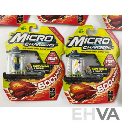 Twelve Boxed Micro Chargers Electronic Quick Charge Cars, Including Three Launcher Packs