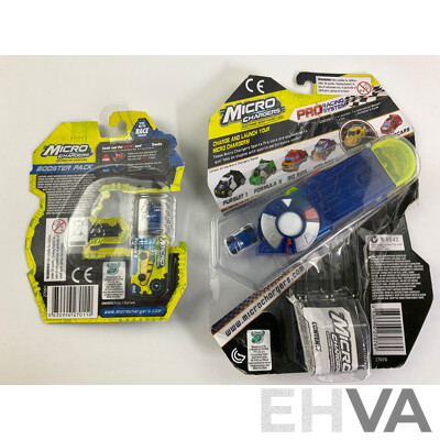 Twelve Boxed Micro Chargers Electronic Quick Charge Cars, Including Three Launcher Packs