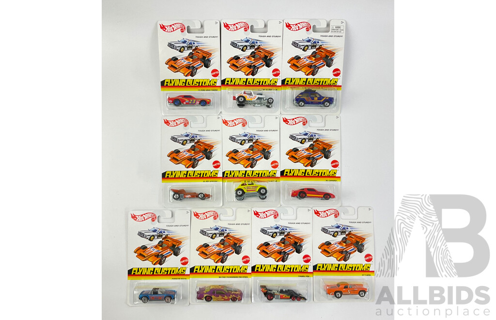 Ten Boxed Hot Wheels Flying Customs Vehicles Including '57 T Bird, '81 Camaro, '73 Ford Gran Torino