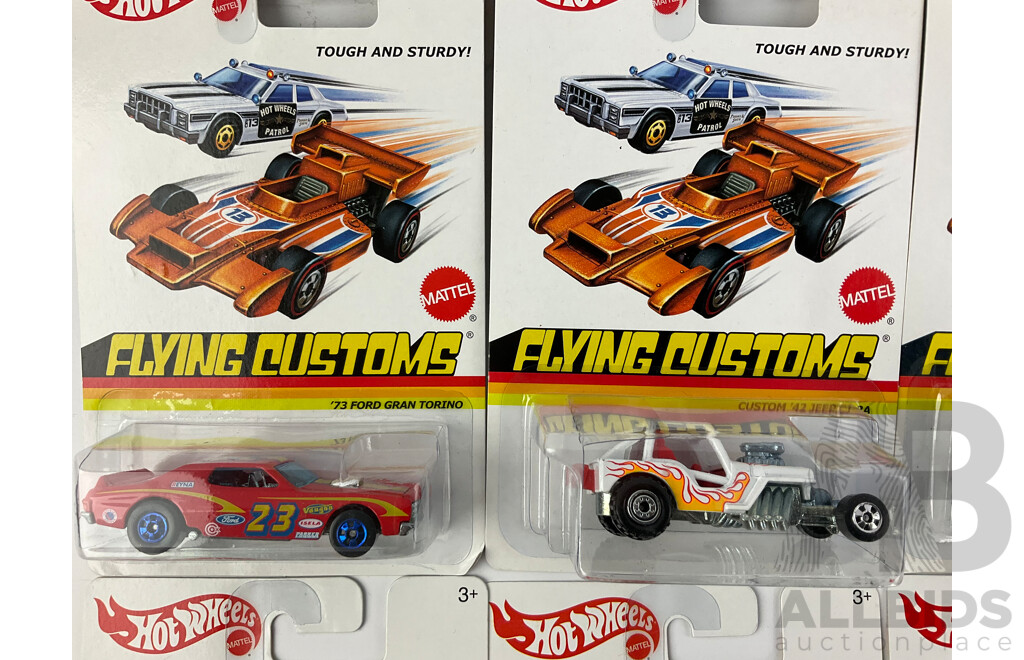 Ten Boxed Hot Wheels Flying Customs Vehicles Including '57 T Bird, '81 Camaro, '73 Ford Gran Torino