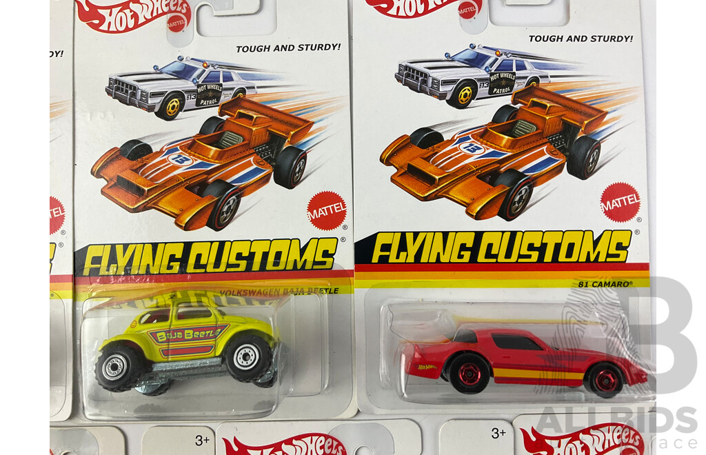 Ten Boxed Hot Wheels Flying Customs Vehicles Including '57 T Bird, '81 Camaro, '73 Ford Gran Torino