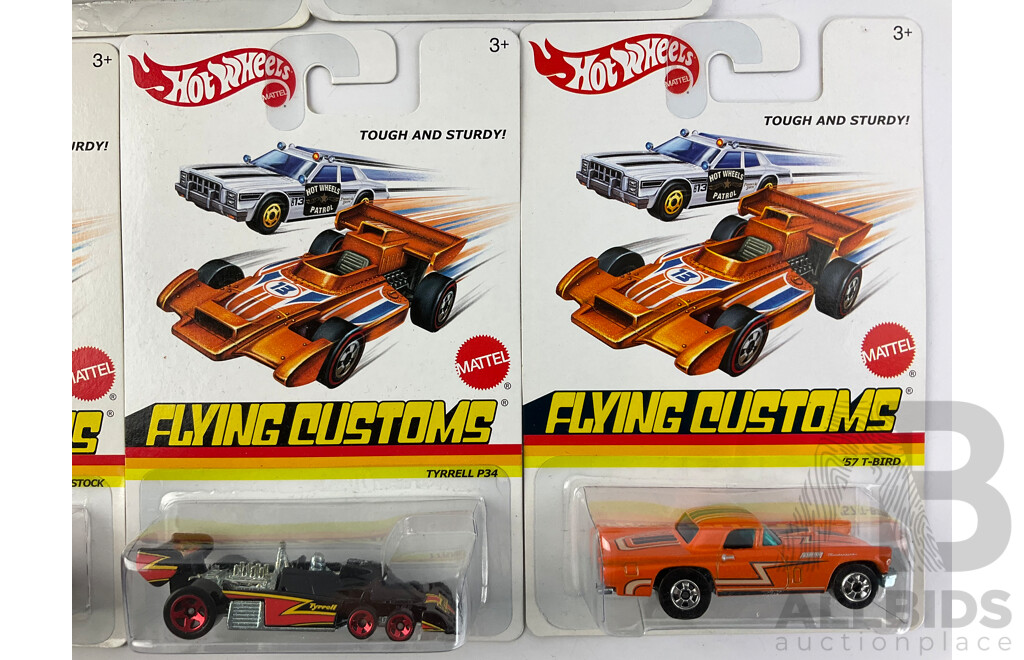 Ten Boxed Hot Wheels Flying Customs Vehicles Including '57 T Bird, '81 Camaro, '73 Ford Gran Torino