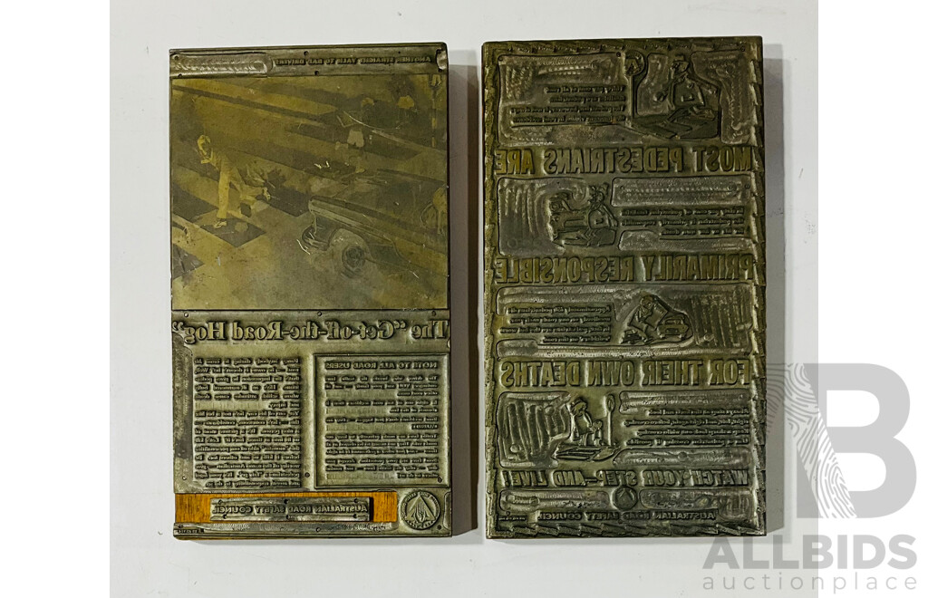 Two Vintage Printers Stamp Blocks ''Most Pedestrians Are Primarily Responsible for Their Own Deaths'' and ''Get Off the Road Hog''