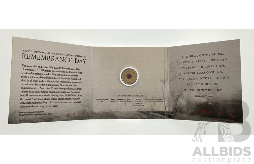 Australian RAM 2012 UNC Two Dollar, Red Poppy Remembrance 'C' Mint Mark