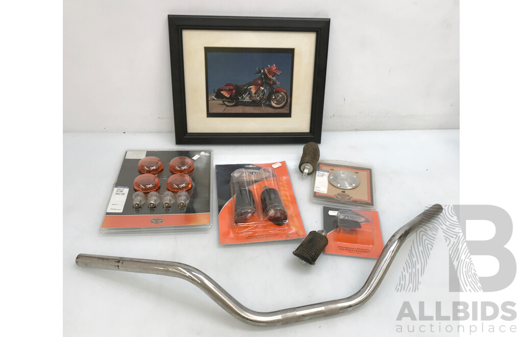Assorted Harley Davidson Parts and Accessories Including Handlebar, Signal Light Lens, Foot Pegs, and More