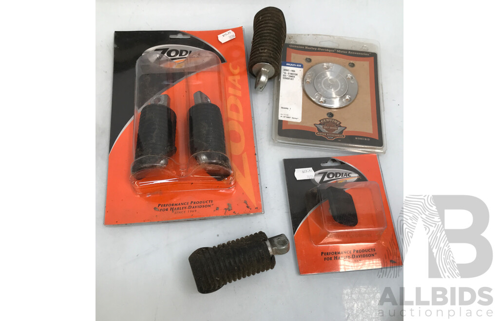 Assorted Harley Davidson Parts and Accessories Including Handlebar, Signal Light Lens, Foot Pegs, and More