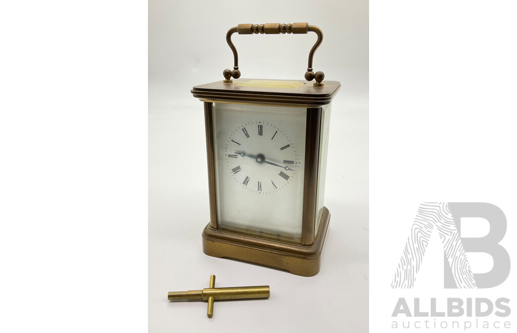 Small Vintage Brass Traveling Carriage Clock with Beveled Glass and Roman Numerals