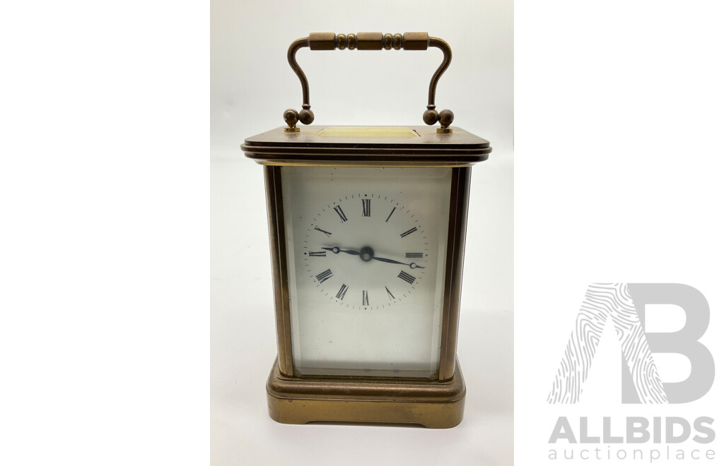 Small Vintage Brass Traveling Carriage Clock with Beveled Glass and Roman Numerals