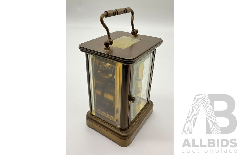 Small Vintage Brass Traveling Carriage Clock with Beveled Glass and Roman Numerals
