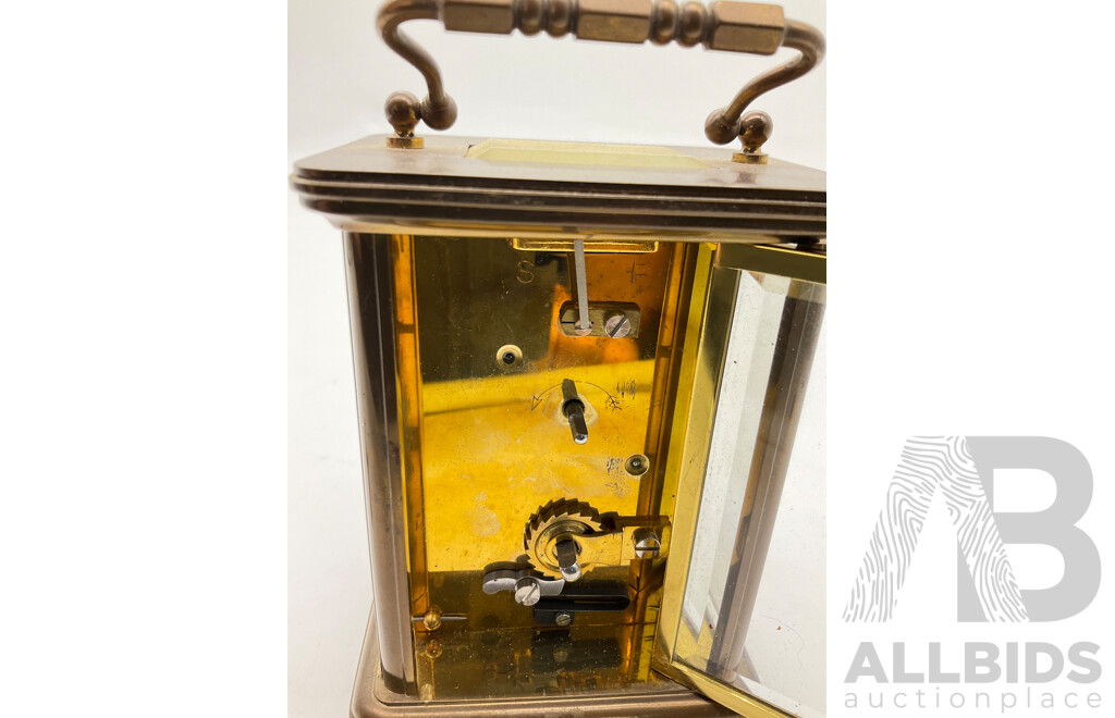 Small Vintage Brass Traveling Carriage Clock with Beveled Glass and Roman Numerals
