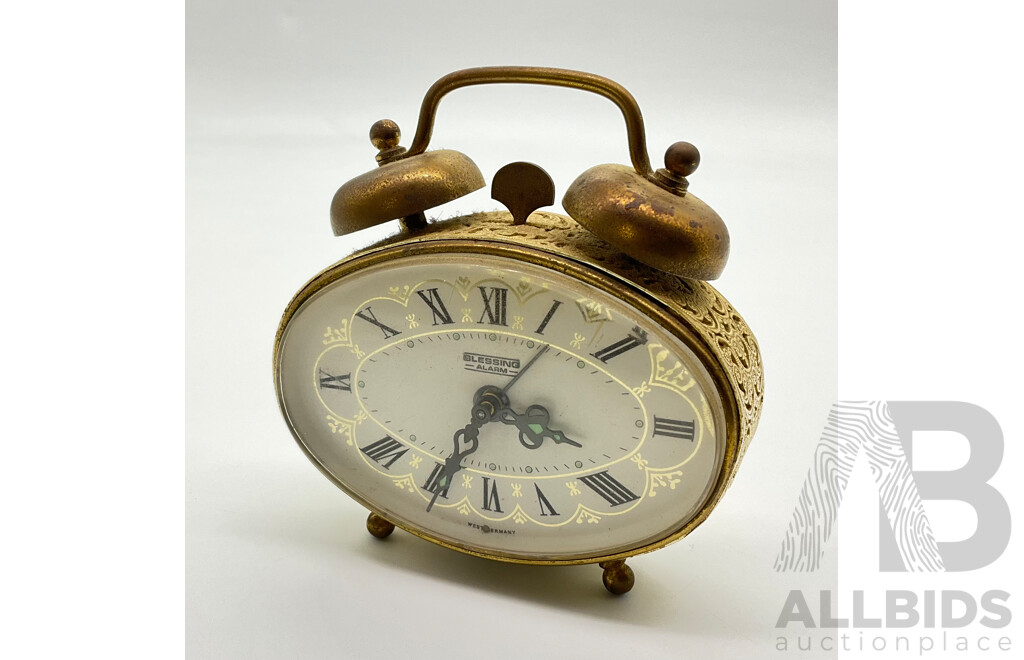 Vintage Brass Blessing Alarm Clock, Oval Form with Filigree Body, Made in West Germany
