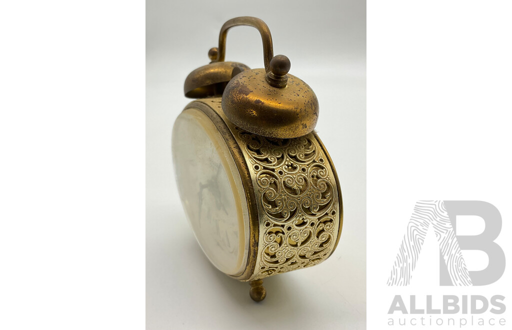 Vintage Brass Blessing Alarm Clock, Oval Form with Filigree Body, Made in West Germany