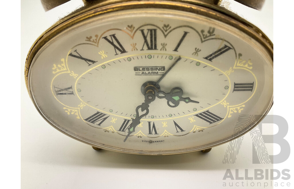 Vintage Brass Blessing Alarm Clock, Oval Form with Filigree Body, Made in West Germany