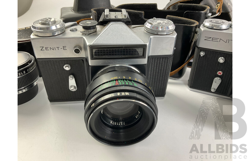Two Vintage Zenit 35mm Cameras, E and EM, Ricoh Flash Lens, Zelox Auto Tele Converter 2 X and Seiko Desk Top Alarm Clock