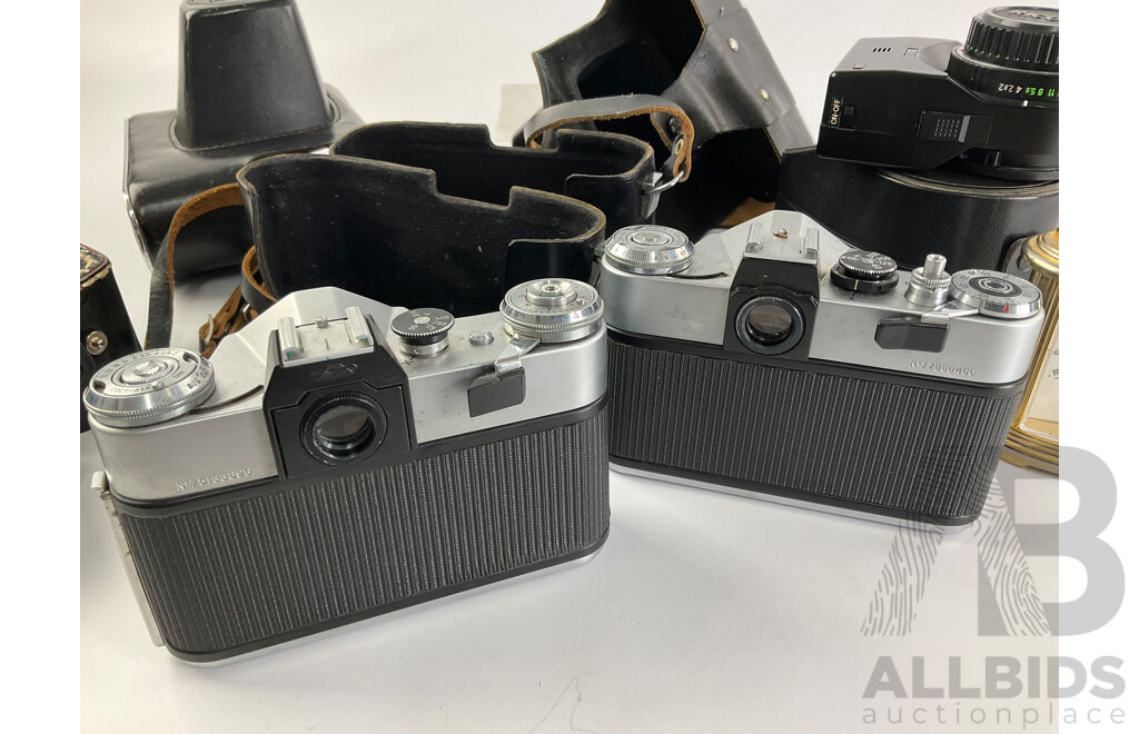 Two Vintage Zenit 35mm Cameras, E and EM, Ricoh Flash Lens, Zelox Auto Tele Converter 2 X and Seiko Desk Top Alarm Clock