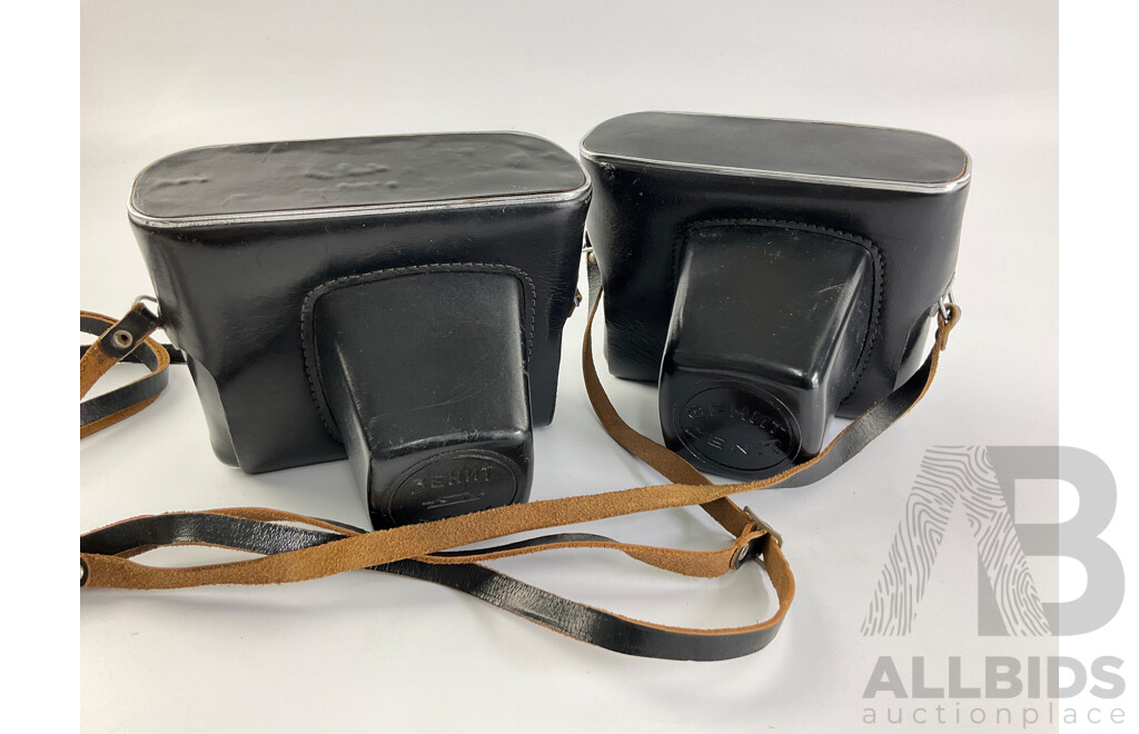 Two Vintage Zenit 35mm Cameras, E and EM, Ricoh Flash Lens, Zelox Auto Tele Converter 2 X and Seiko Desk Top Alarm Clock