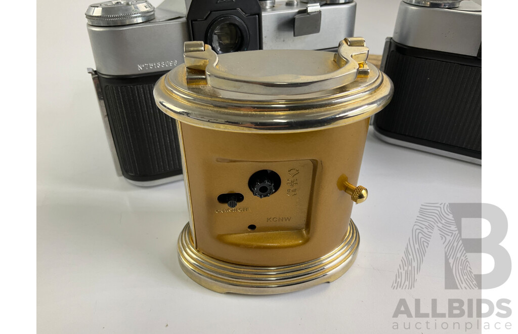 Two Vintage Zenit 35mm Cameras, E and EM, Ricoh Flash Lens, Zelox Auto Tele Converter 2 X and Seiko Desk Top Alarm Clock