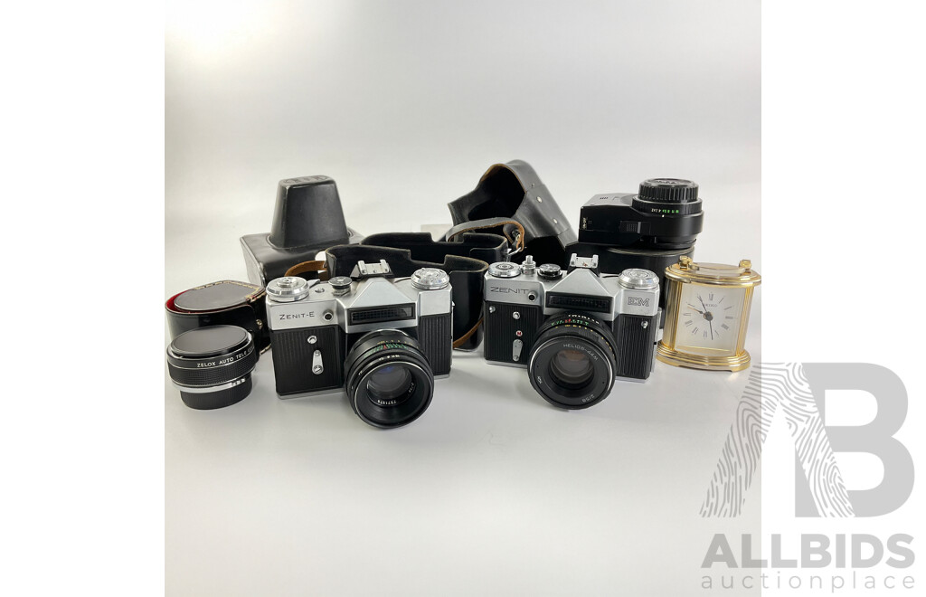 Two Vintage Zenit 35mm Cameras, E and EM, Ricoh Flash Lens, Zelox Auto Tele Converter 2 X and Seiko Desk Top Alarm Clock