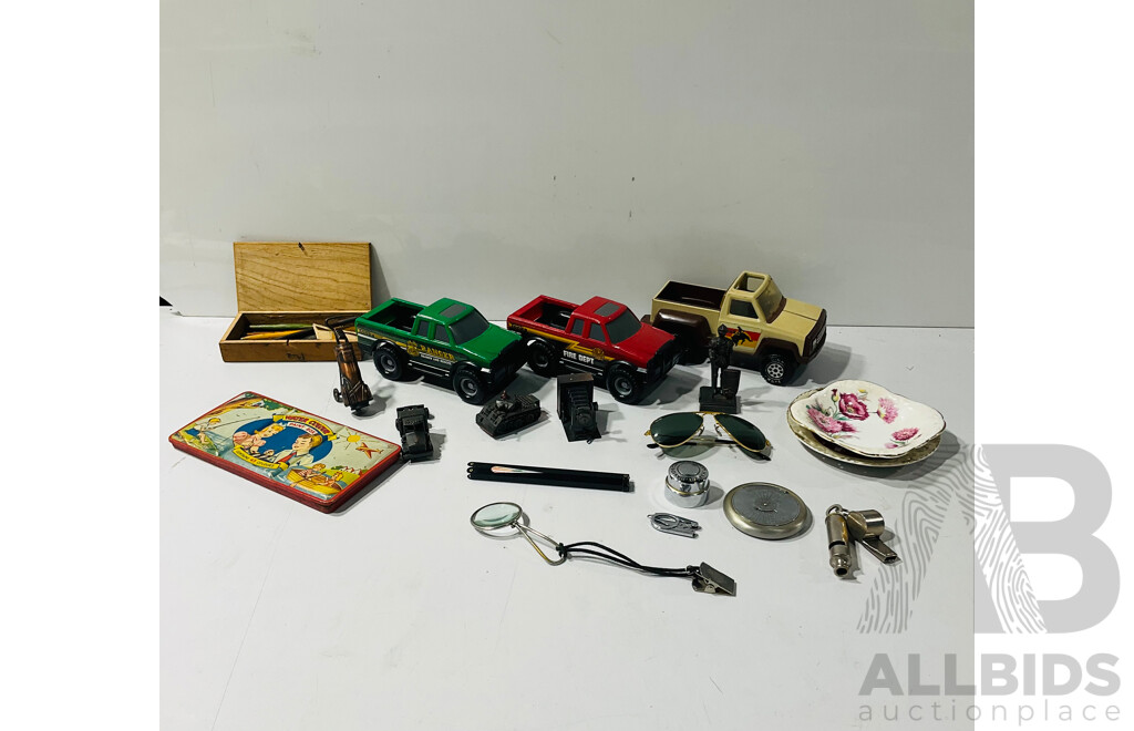 Collection Mixed Items Including Toy Trucks, Pencil Sharpeners, Sun Glasses Marked Ray Ban, Tin Whistles and More