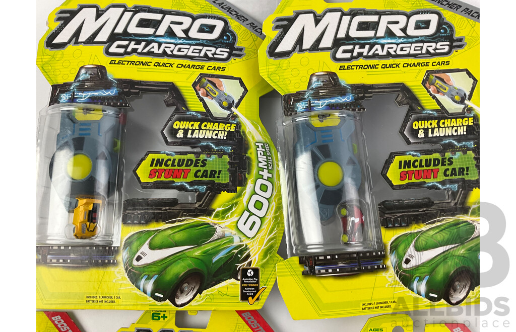 Twelve Boxed Micro Chargers Electronic Quick Charge Cars, Including Three Launcher Packs