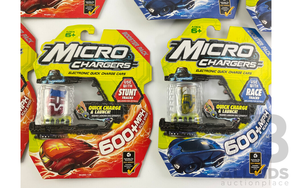 Twelve Boxed Micro Chargers Electronic Quick Charge Cars, Including Three Launcher Packs