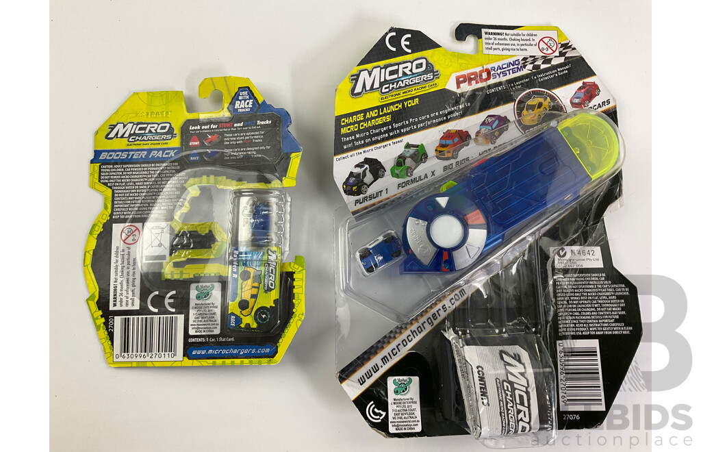 Twelve Boxed Micro Chargers Electronic Quick Charge Cars, Including Three Launcher Packs