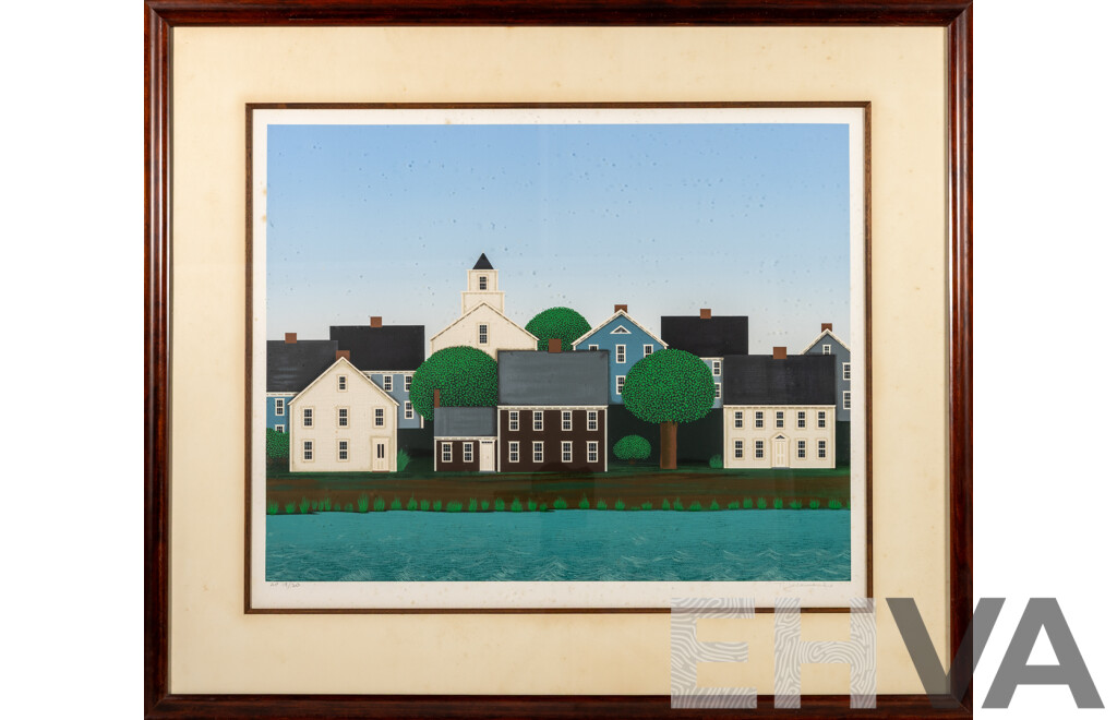Ted Jeremenko (20th Century, Yugoslav-Born American, 1938-), Houses by Water, Wonderful Limited Edition Signed Serigraph, 79 X 92 Cm (frame)