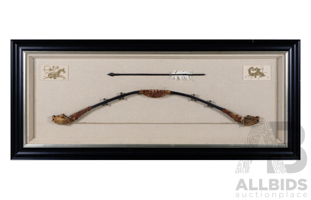 Framed Presentation of Mongolian Horseman's Recurve Composite Bow with Sinew String and Arrow