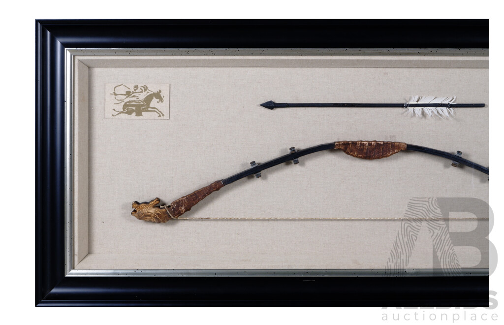 Framed Presentation of Mongolian Horseman's Recurve Composite Bow with Sinew String and Arrow