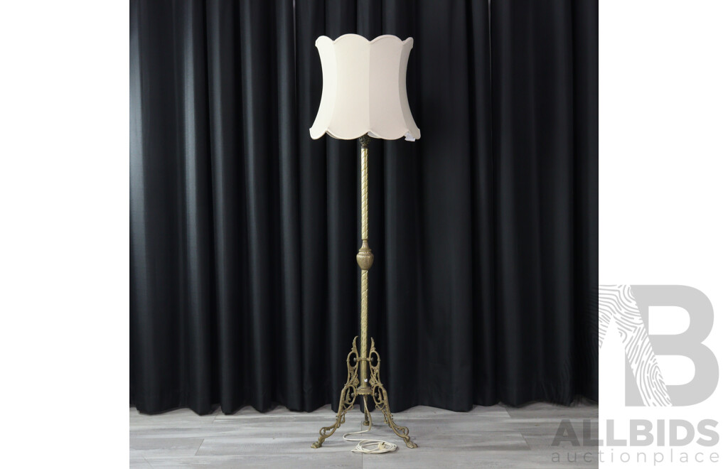 Brass Pedestal Base Standard Floor Lamp with Fabric Shade