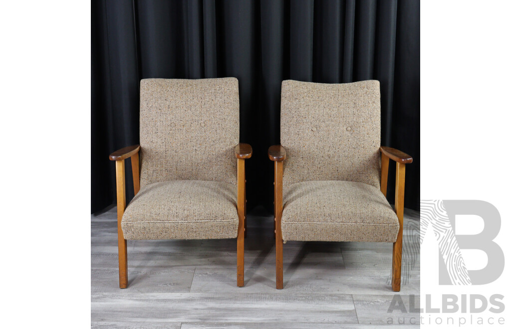 Pair of Vintage Timber Frames Wool Upholstered Armchairs