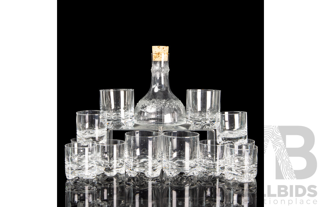 Mid Century Finnish Iittala Corked Niva Carafe with Set Four Double Old Fashioned and Eight Single Old Fashioned Glasses by Tapio Wirkkala in Gaissa Pattern