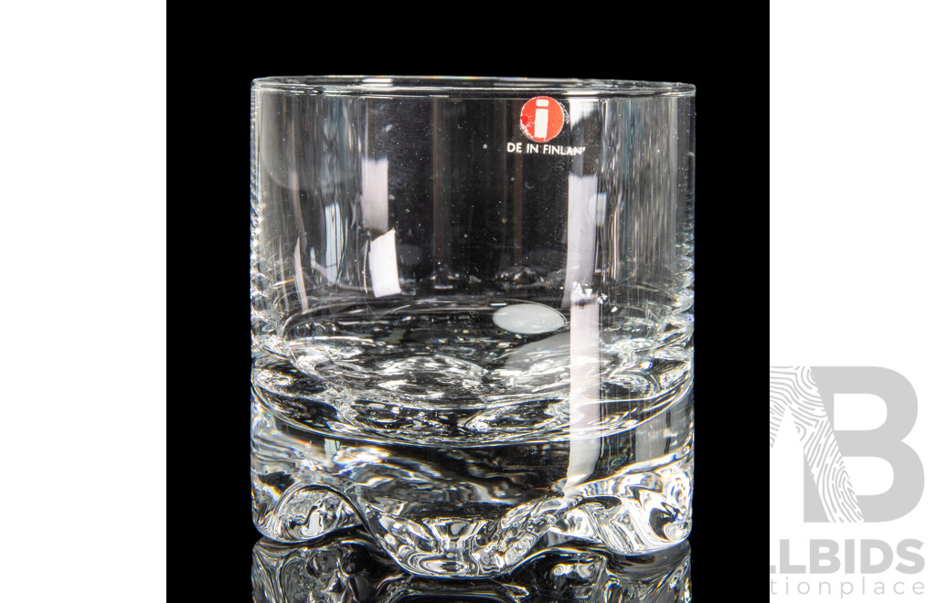 Mid Century Finnish Iittala Corked Niva Carafe with Set Four Double Old Fashioned and Eight Single Old Fashioned Glasses by Tapio Wirkkala in Gaissa Pattern