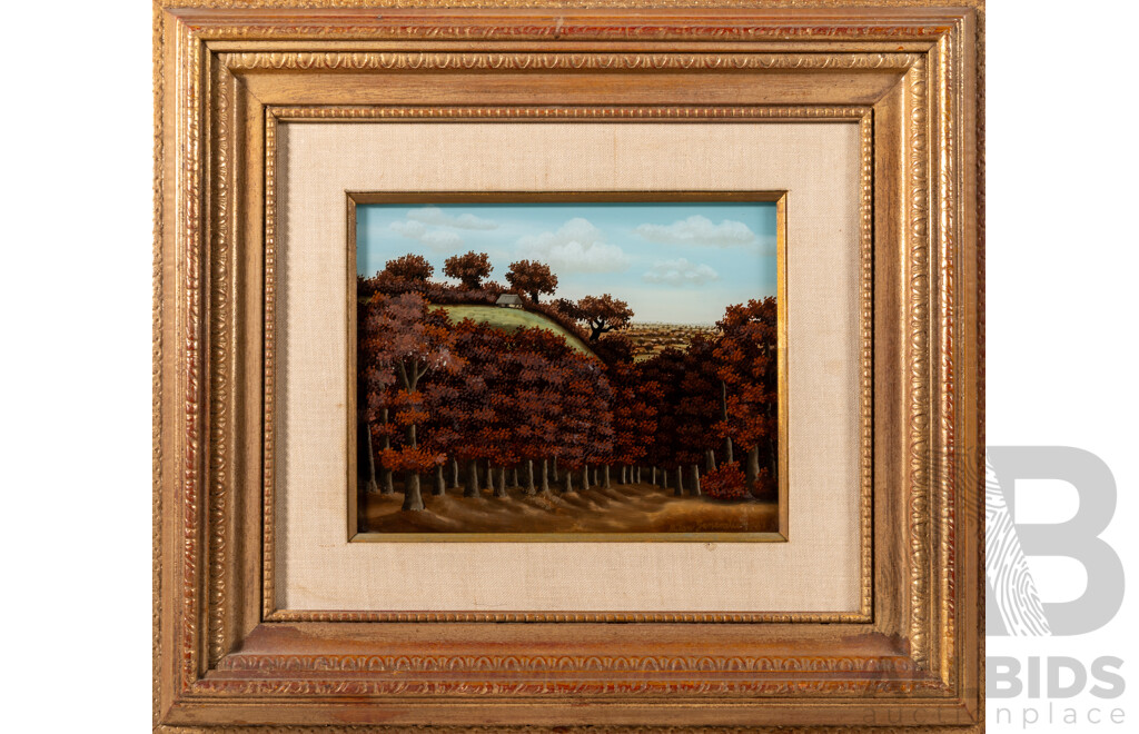 Milan Generalic, (20th Century, [Then] Yugoslavian, 1950-2015), House on Hill, Fantastic Original Reverse Oil on Glass, 42 x 48 cm (frame)