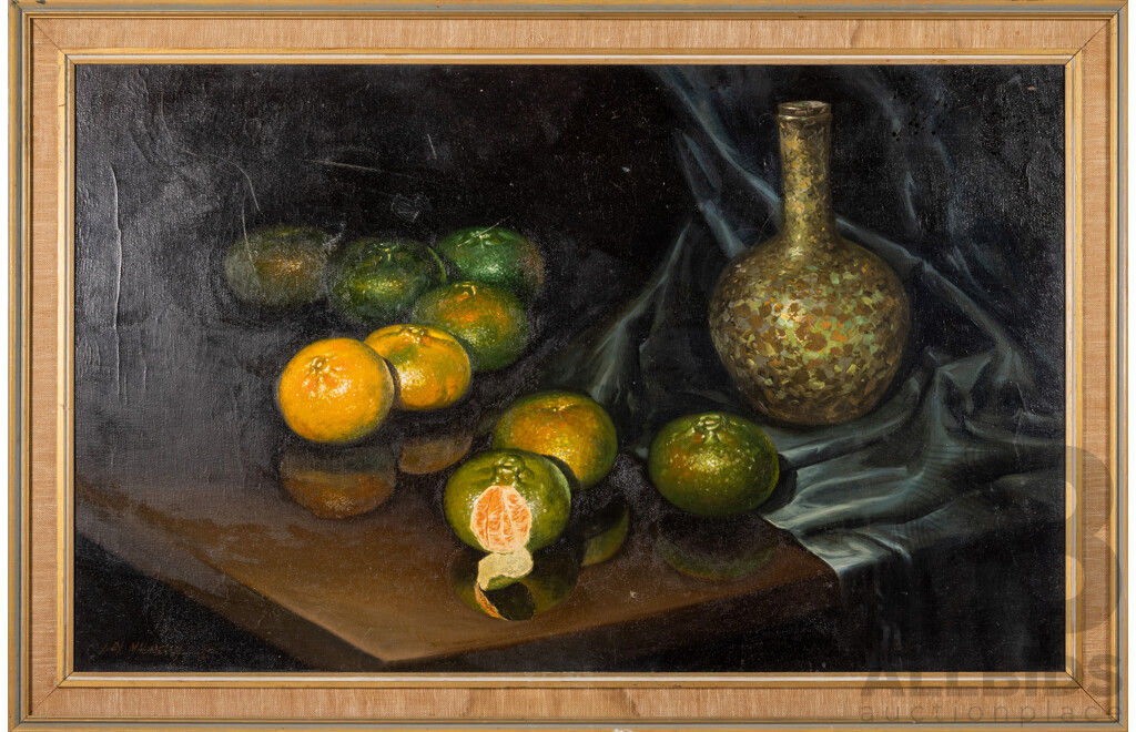 Lex Maumban, (20th Century), Still Life - Mandarins with Vase (1967), Wonderful Original Oil on Vintage Canvas, 64 x 95 cm (frame)